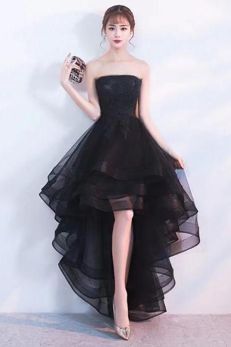 Strapless evening dress, little girl dress, sexy party dress,black high low dress,Custom Made