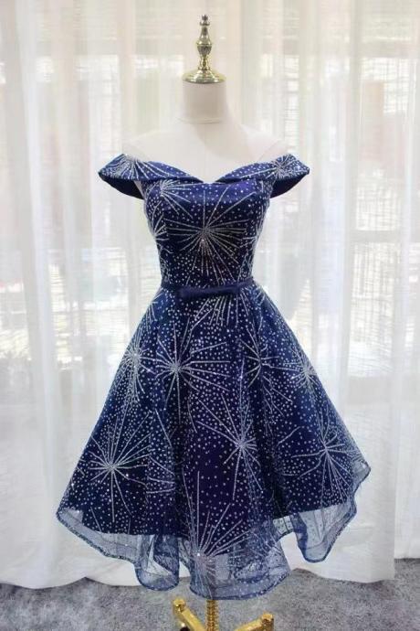 Off Shoulder Prom Dress,navy Blue Party Dress,cute Homeoming Dress,glitter Graduation Dress,custom Made