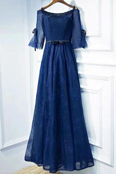 Long sleeve prom dress,navy blue party dress,lace evening dress,custom made