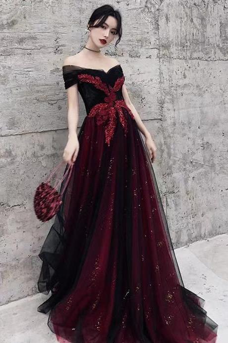 Atmospheric Evening Dress,black And Burgundy Prom Dress,charming Party Dress,custom Made