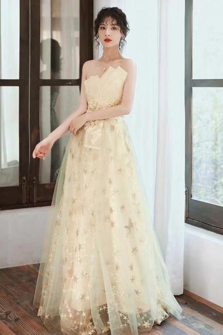 Strapless evening dress, new, starry sky party dress,, lace temperament dress, Champagne prom dress,custom made