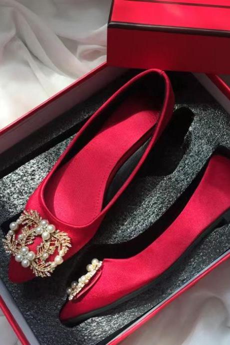 Flats, new style, red bridal shoes, big size pointy shoes