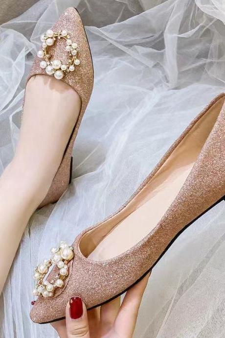 Maternity Shoes, Pearl Pointy Flats, Bridesmaid Low Heels Light Drool Crystal Sequin Single Shoes