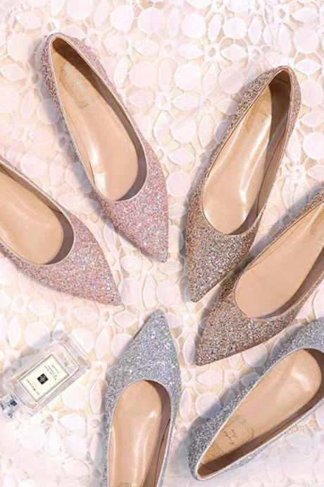 Wedding Shoes, Sequin Flats Female Pointy Single Shoes, Flat Heels Shallow Mouth, Bridesmaid Shoes Banquet Shoes