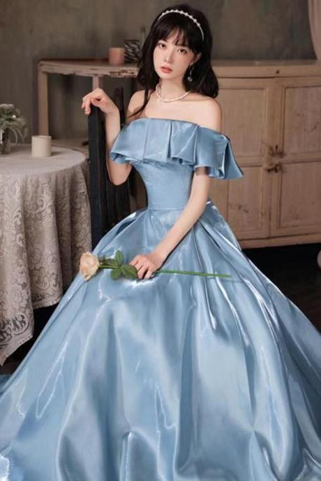 Blue Evening Dress,, Satin Prom Dress, Off Shoulder Party Dress,princess Birthday Dress,custom Made