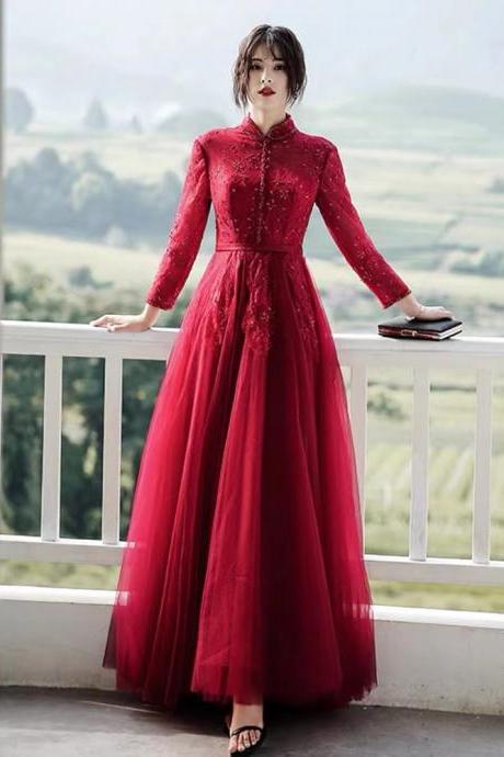 Long Sleeve Prom Dress, High Neck Party Dress,red Formal Dress, Custom Made