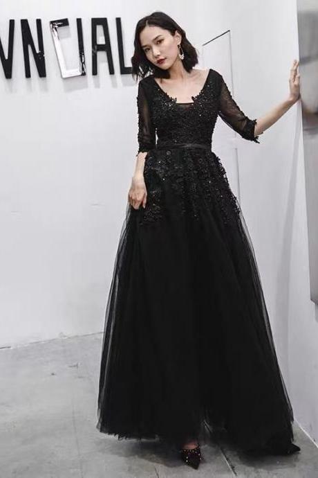 V-neck Evening Dress,black Prom Dress,long Sleeve Formal Dress,custom Made