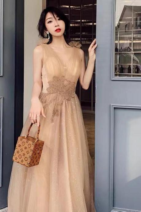 V-neck evening dress,champagen prom dress,fairy party dress,custom made