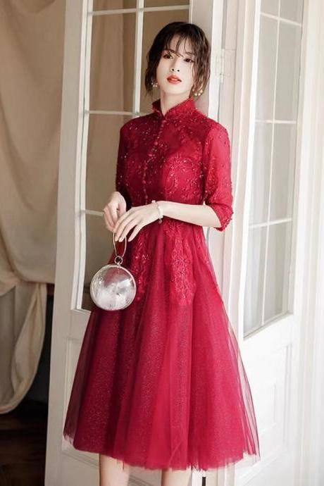 Long sleeve midi dress, high neck party dress,red formal dress, custom made