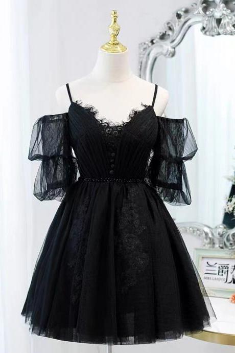Little black prom dress,cute homecoming dress,spaghetti strap party dress,Custom Made