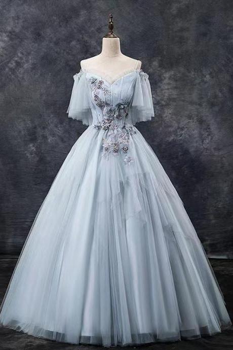 Fairy evening dress, grey wedding dress,spaghetti strap long ball gown,Custom Made