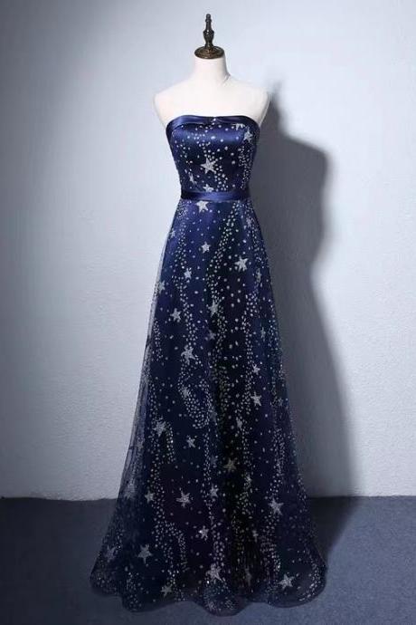 Navy Blue Evening Dress, Temperament Party Dress, Dream Dress, Glitter Strapless Dress,custom Made