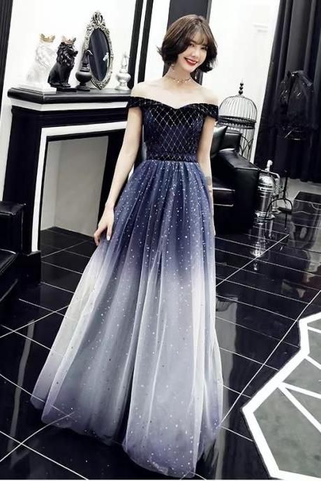 Navy blue evening dress,off shoulder party dress,formal prom dress,Custom Made