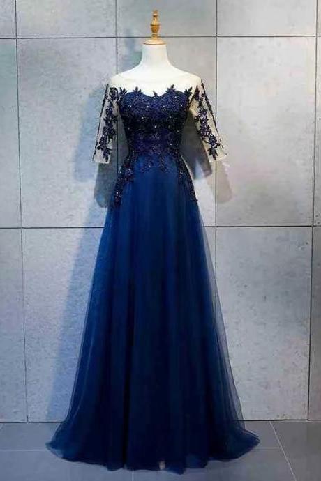 Navy blue evening dress,off shoulder party dress,formal wedding guest prom dress,Custom Made