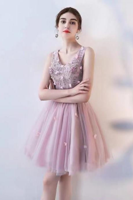V-neck Prom Dress, Fairy Party Dress,sleeveless Evening Dress,pink Homecoming Dress,custom Made