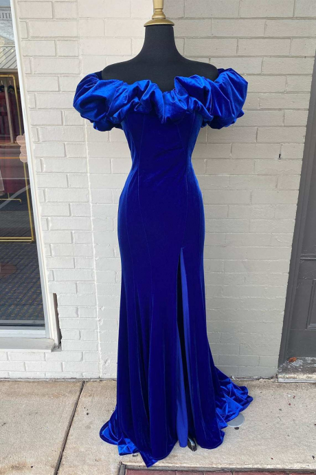 Royal Blue Evening Dress,velvet Prom Dress, Off Shoulder Sexy Party Dress,custom Made