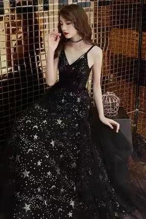 Little Black Dress, Starry Prom Dress,spaghetti Strap Evening Dress,custom Made