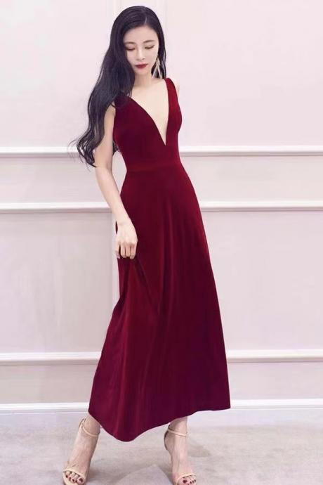 V-neck Evening Dress,, Temperament Prom Dress, , Sexy Red Party Dress,custom Made