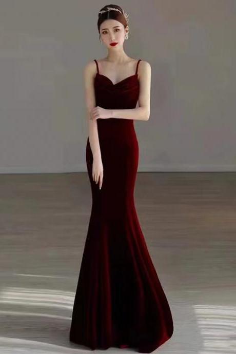 Spaghetti Strap Prom Dress,velvet Evening Dress, Red Party Dress ,backless Bodycon Dress,custom Made
