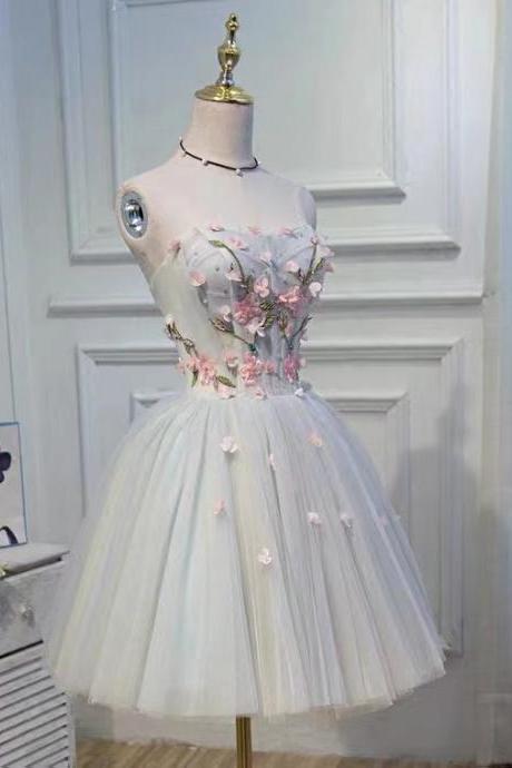 Strapless party dress,fairy prom dress,cute homecoming dress, blue graduatin dress with applique,custom made