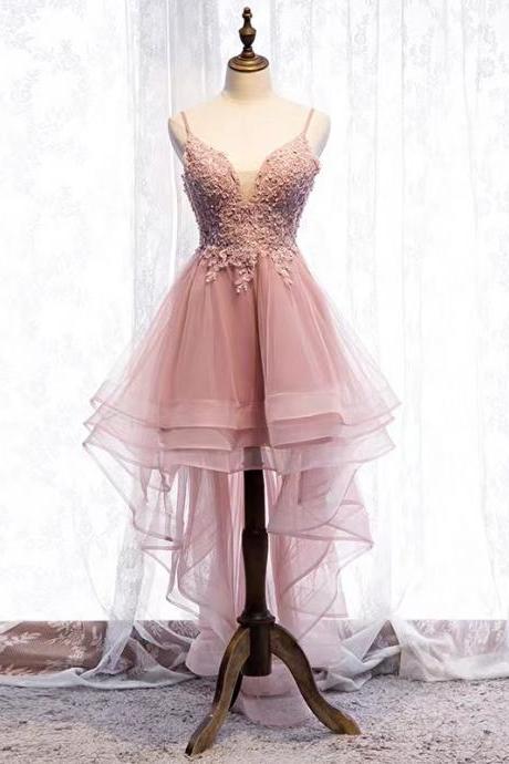Pink party dress,tspaghetti strap homecoming dress,cute graduation dress,high low birthday dress,custom made