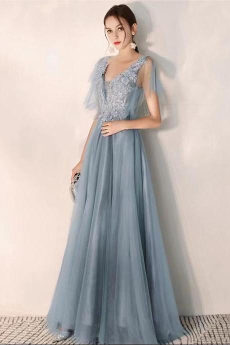 Blue Party Dress, Fairy Prom Dress, V-neck Evening Dress,chic Bridesmaid Dress,custom Made