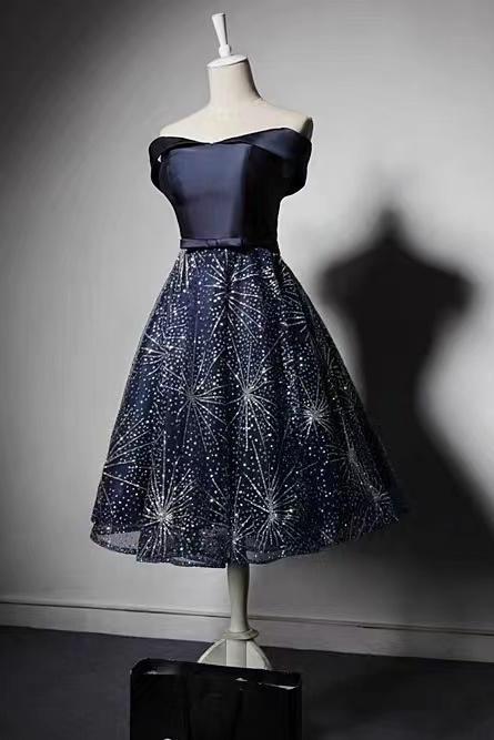 Navy Blue Off Shoulder Homecoming Dress, Fashion Mid-length Pompadour Party Dress,custom Made