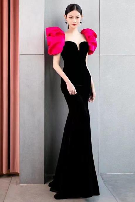Black Evening Dress, Velvet Temperament Party Dress, Bubble Sleeve Bodycon Prom Dress,custom Made