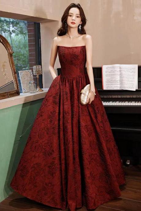 Strapless Prom Dress, Burgundy Temperament Evening Dress, Jacquard Party Dress,custom Made