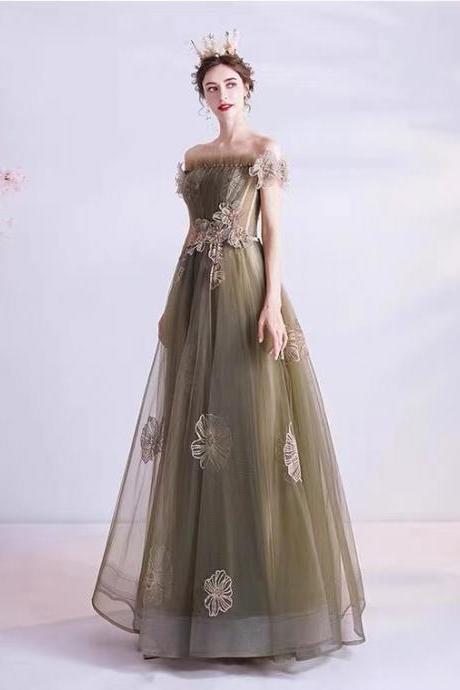 Off Shoulder Prom Dress，elegant Evening Dress,olive Green Party Dress,custom Made