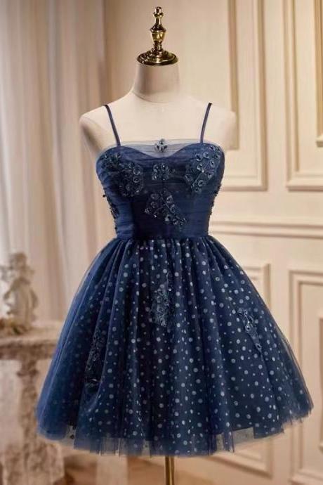 Spaghetti Strap Prom Dress，navy Blue Evening Dress,cute Party Dress,short Homecoming Dress,custom Made