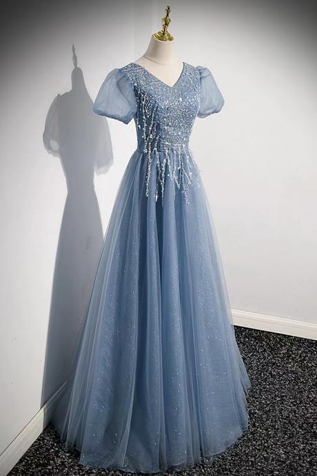 V-neck Prom Dress，blue Evening Dress,fairy Party Dress With Sequin,custom Made