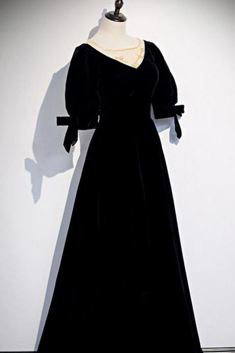 O-neck Prom Dress, High Class Evening Dress,black Velvet Party Dress,noble Formal Dress,custom Made