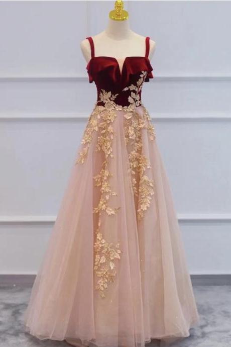 Spaghetti Strap Evening Dress, Chic Prom Dress,velvet And Tulle Party Dress,custom Made