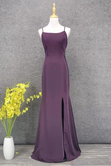 Spaghetti Trap Evening Dress Purple Party Dress,sexy Slit Prom Dress,custom Made