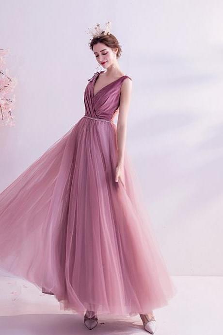 V-neck Evening Dress, Chic Prom Dress,pink Party Dress,,custom Made
