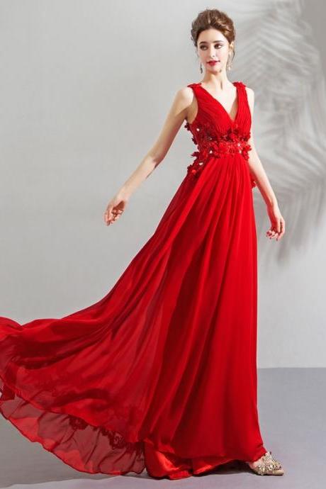 V-neck Evening Dress, Chic Prom Dress,red Party Dress,charming Birthday Dress,custom Made