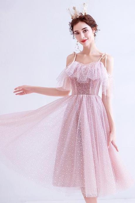 Spaghetti strap evening dress, chic homecoming dress,pink party dress,,custom made