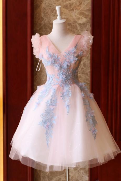 V-neck Evening Dress,pink Homecoming Dress, Cute Party Dress,chic Birthday Dress,custom Made