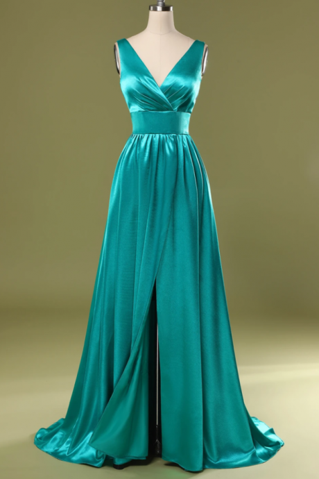 Sexy Prom Dresses, Green Satin Evening Dress, V Neck Long A Line Split Prom Dress,custom Made