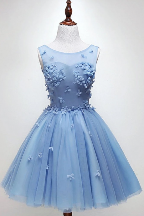 Chic Homecoming Dresses,blue Tulle Round Neck Short A Line Prom Dress,custom Made