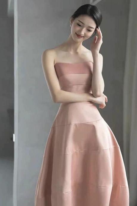 Satin Evening Dress,pink Prom Dress,strapless Party Dress,charming Graduation Dress,custom Made