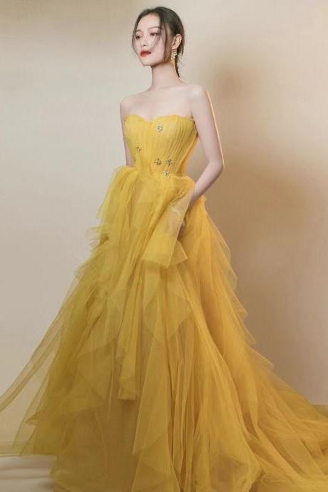 Strapess Prom Dress,yellow Party Dress,chic Wedding Dress,custom Made