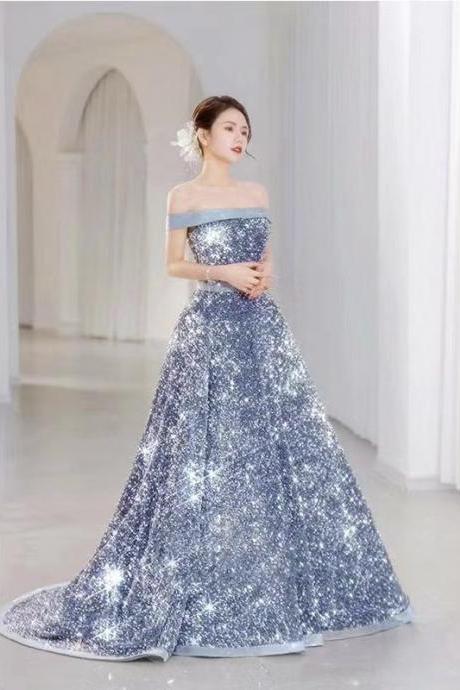 Off Shoulder Prom Dress, Light Luxury Party Dress,blue Evening Dress,shiny Prom Dress,custom Made