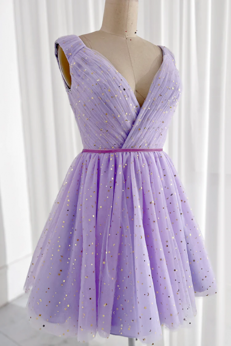 V-neck Evening Dress,purple Prom Dress, Starry Sky Party Dress,dream Birthday Dress,princess Homecoming Dress,custom Made