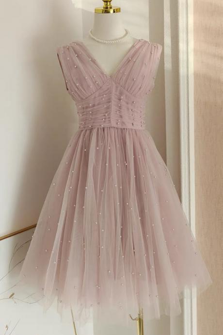 V-neck Evening Dress,pink Prom Dress, Cute Party Dress With Pearl,dream Birthday Dress,princess Homecoming Dress,custom Made