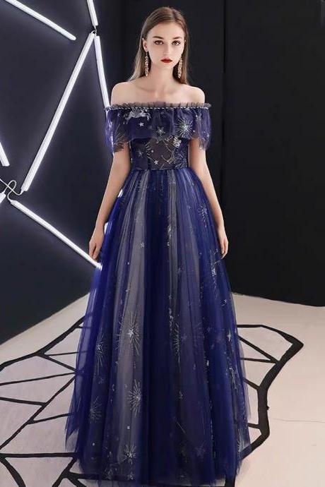 Blue Ruffled Prom Dress, Off-shoulder Elegant Dress, Star Party Dress, Custom Made