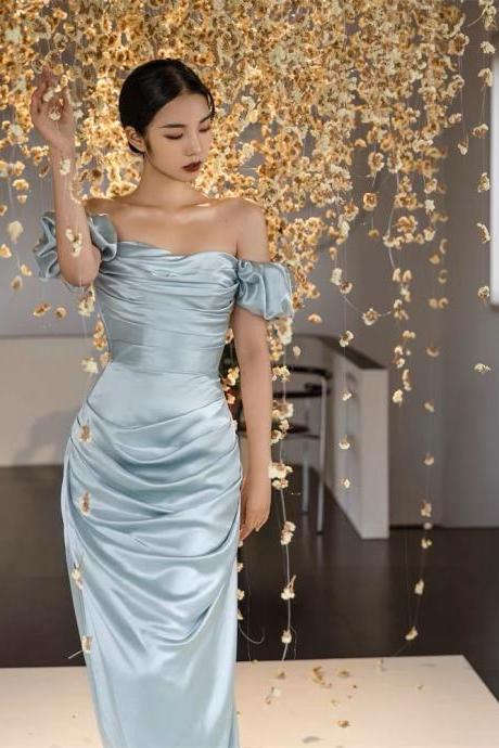 Off Shoulder Evening Dress , Light Blue Prom Dress , Satin Party Dress,custom Made