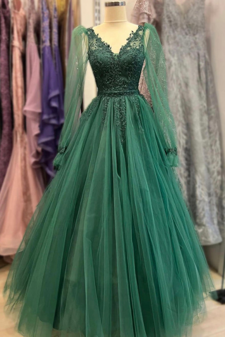 Dark Green Tulle Prom Dress, Beads Long Sleeve Prom Dress ,green Evening Dress,custom Made