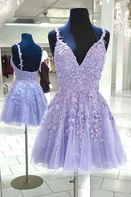 Purple Bridesmaid Dress, Short Prom Dresses, Lace Applique Prom Dress, Lilac Prom Dress, A Line Prom Dress, Knee Length Prom Dress, Spaghetti
